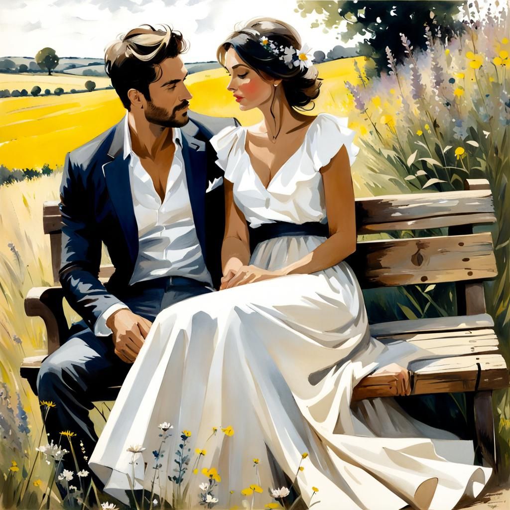 Couple Flirting in Rural France Ink Painting