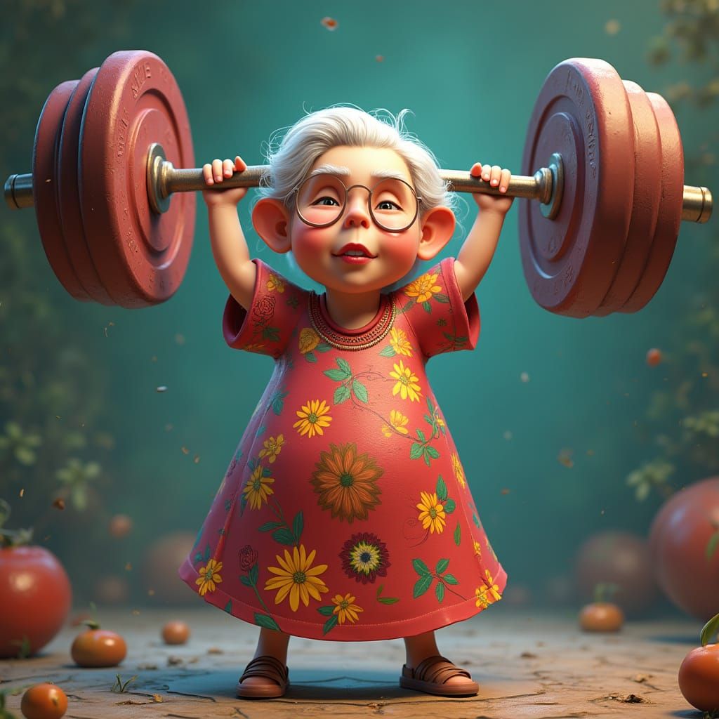 Cartoon Grandma Weightlifter in Detailed Digital Painting