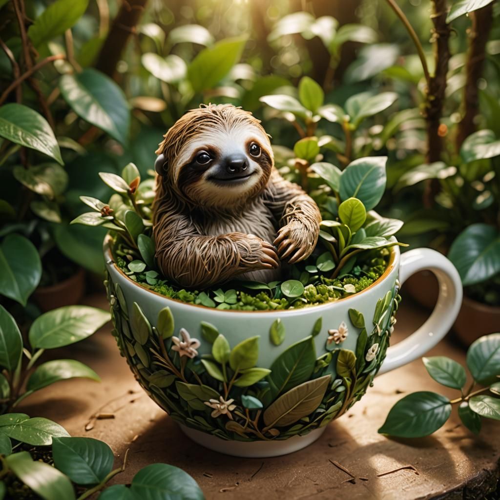 Cozy Sloth in Teacup Jungle: Macro Photography
