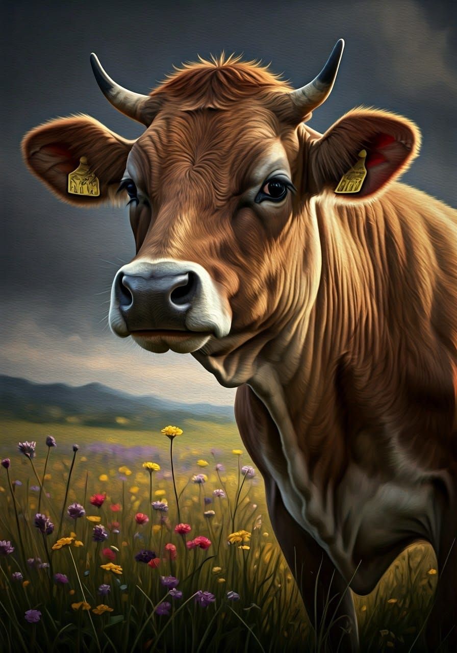 Brown Swiss Cow Portrait in Renaissance Style