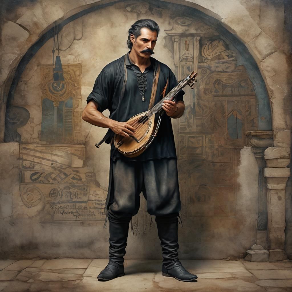 Cretan Lyre Player in Cyberpunk Aquarelle Style