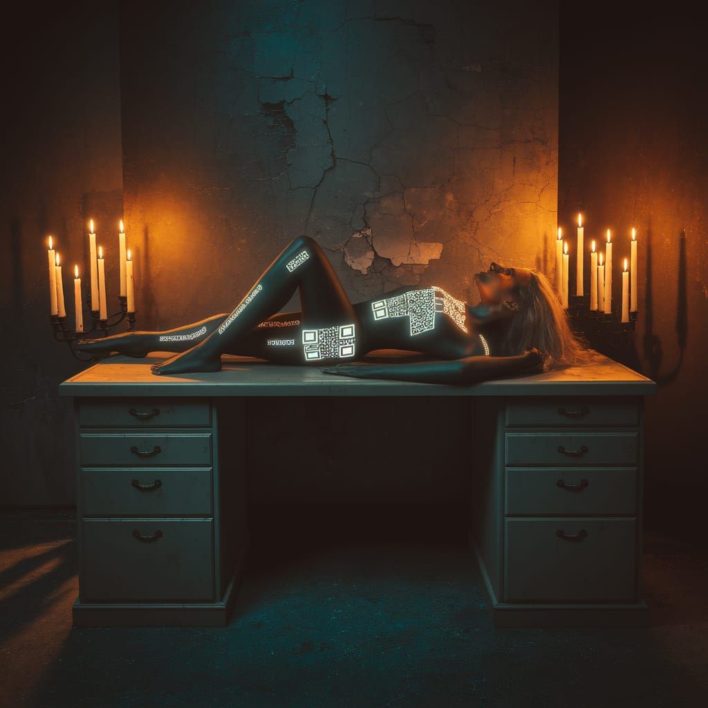 Surreal Woman Lies Adorned with Glowing QR Code Body Paint i...