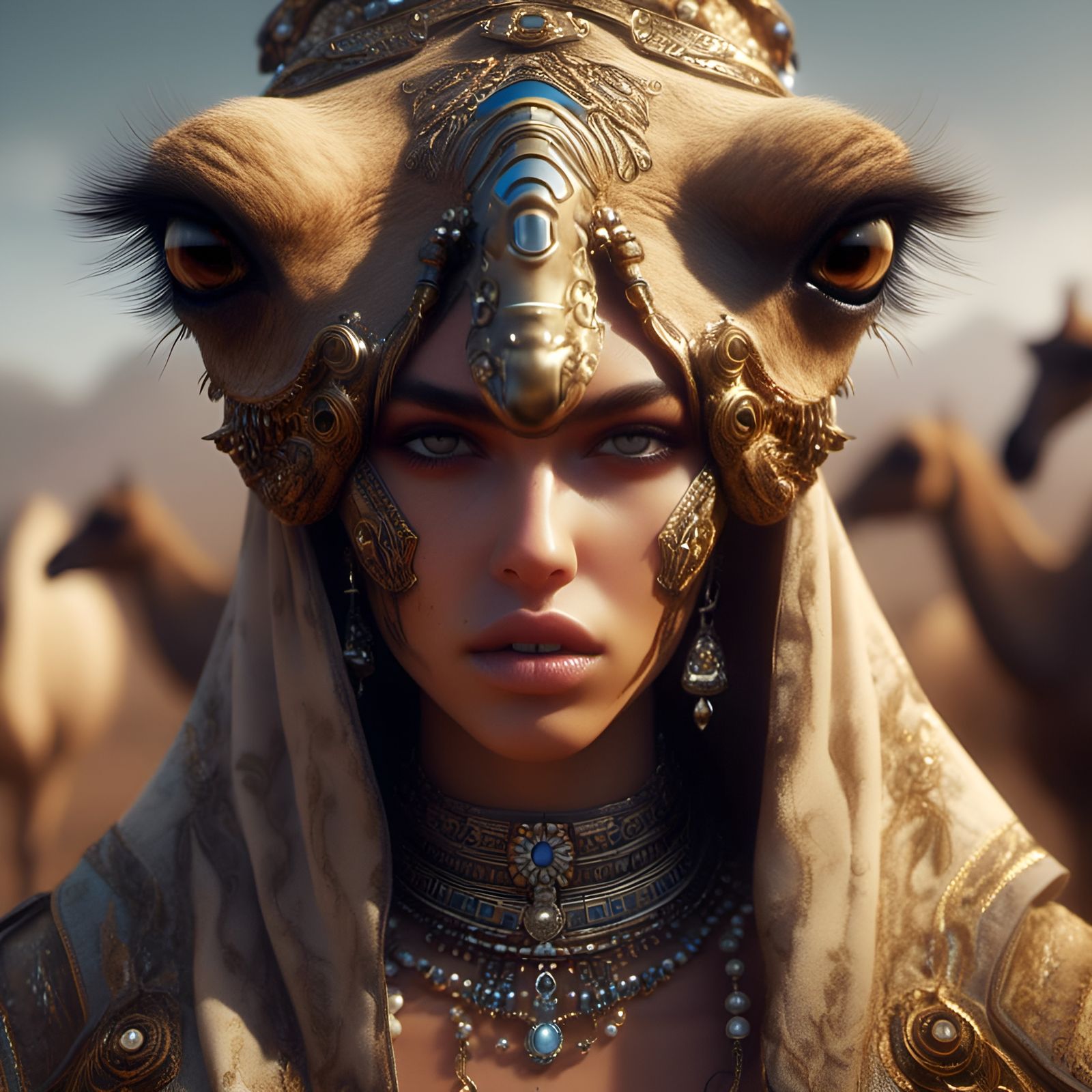 Ferocious Camel Girl Portrait in Surreal Horror Style