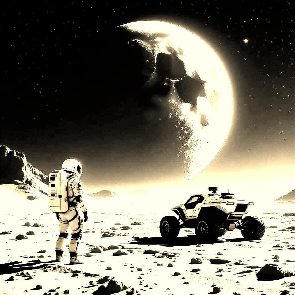 Astronaut Gazes at Shattered Moon on Alien Planet