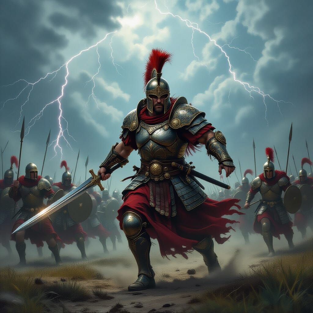 Ancient Warrior Charges in Stormy Ethereal Fantasy Scene