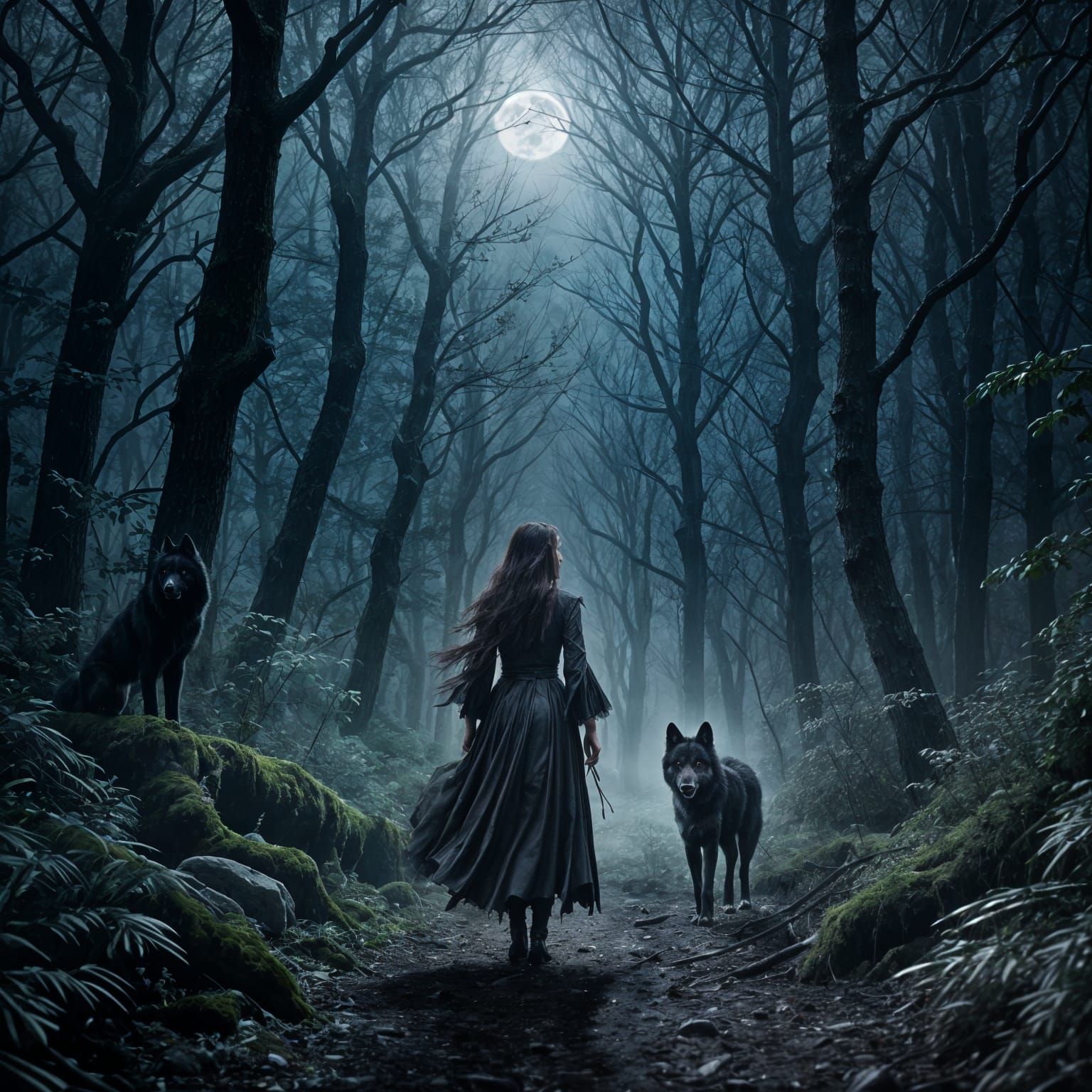 Queen of the Ancient Forest with Black Wolf