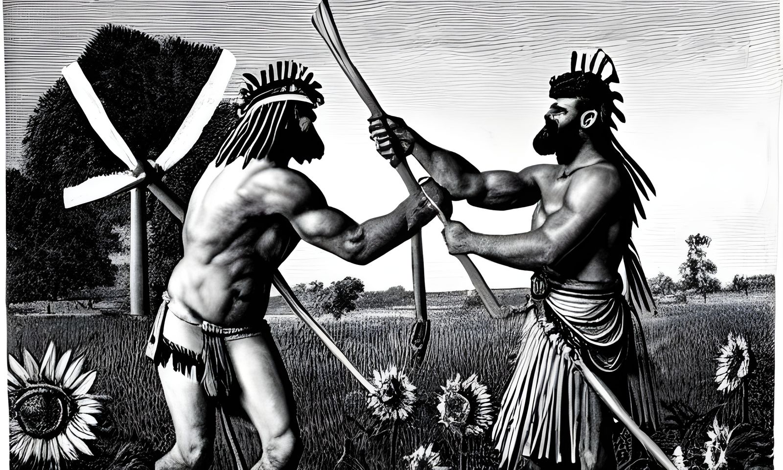 Passionate Wrestling Embrace in Sunflower Field, Charcoal Ar...