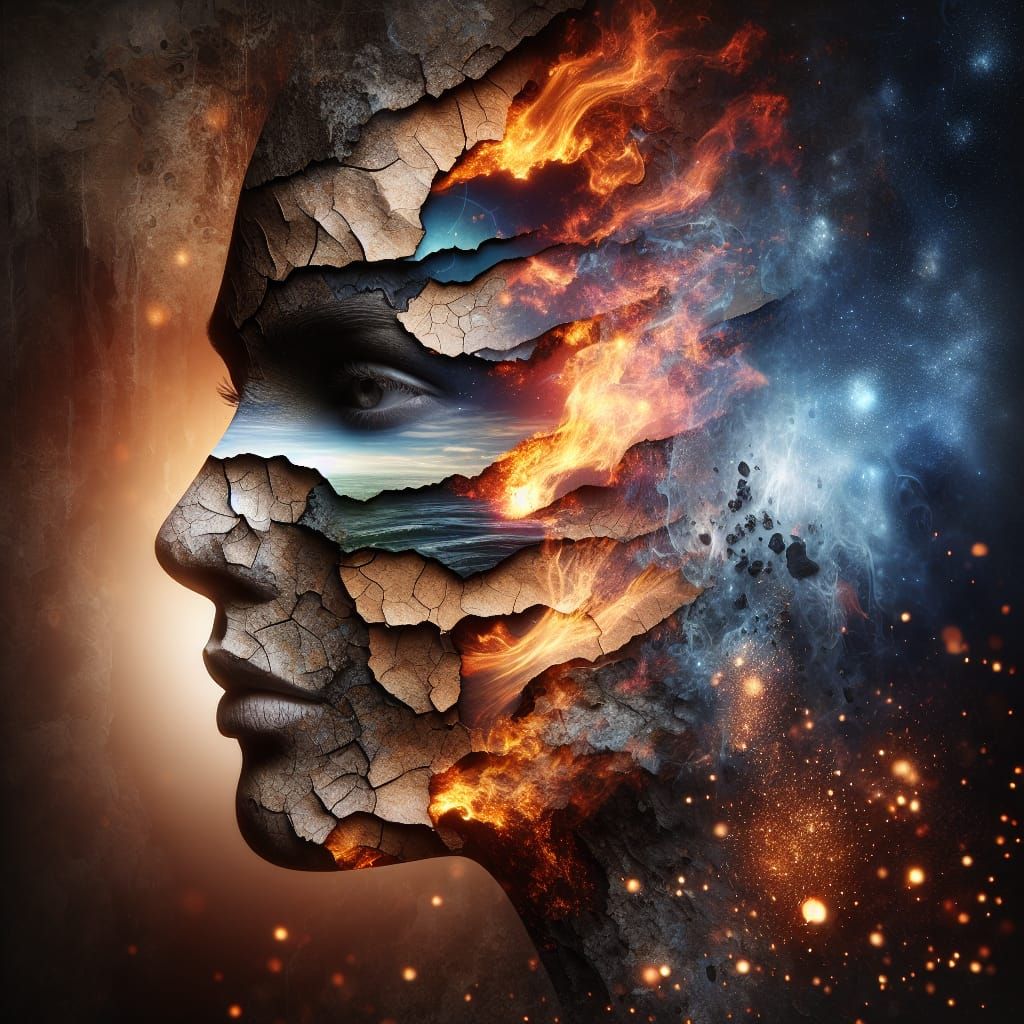 Elemental Face Emerging from Ancient Layers