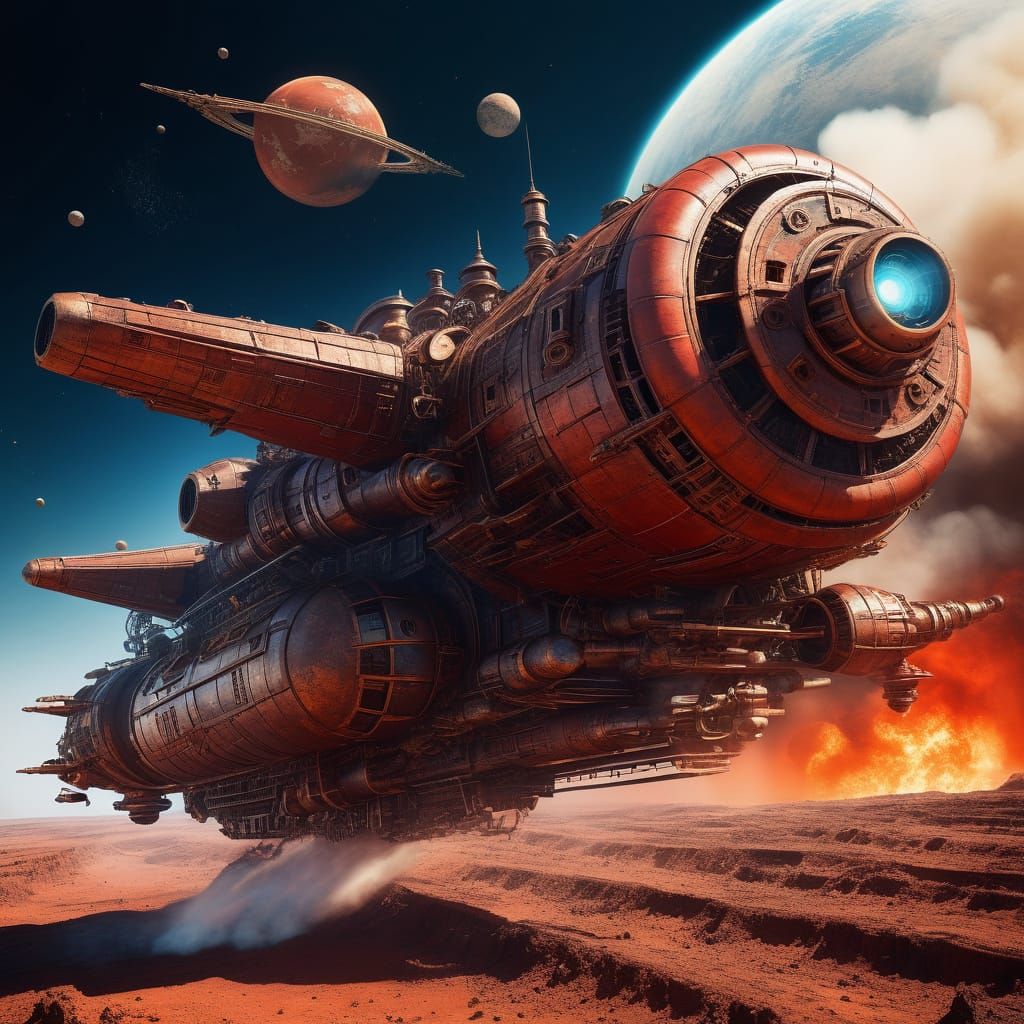 Steampunk Spaceship Yamato Burning on Red Planet