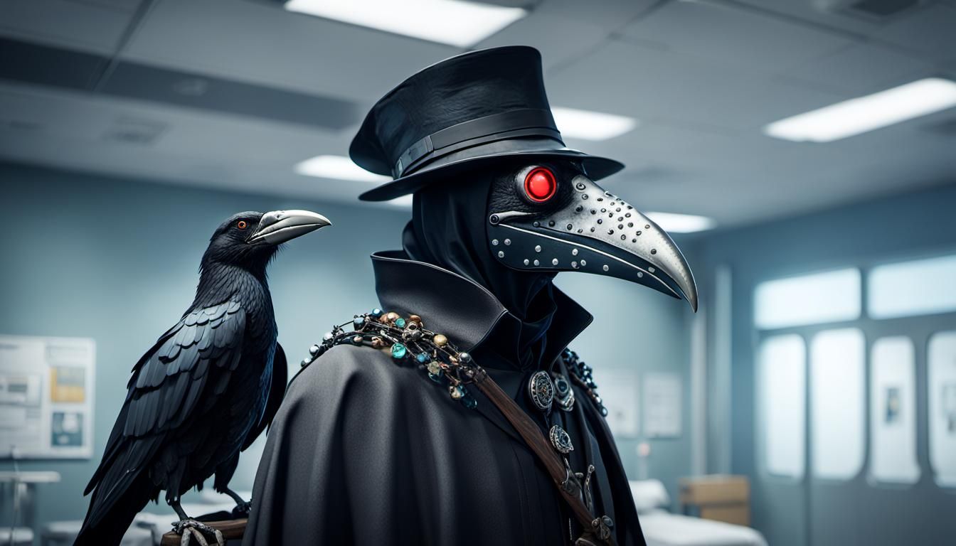 Bejeweled Plague Doctor in Modern Hospital: 3D Rendering