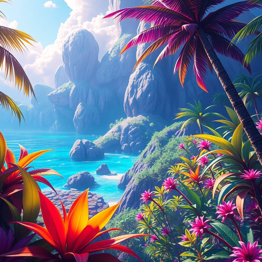 Vibrant Tropical Oasis in Fantastical Style
