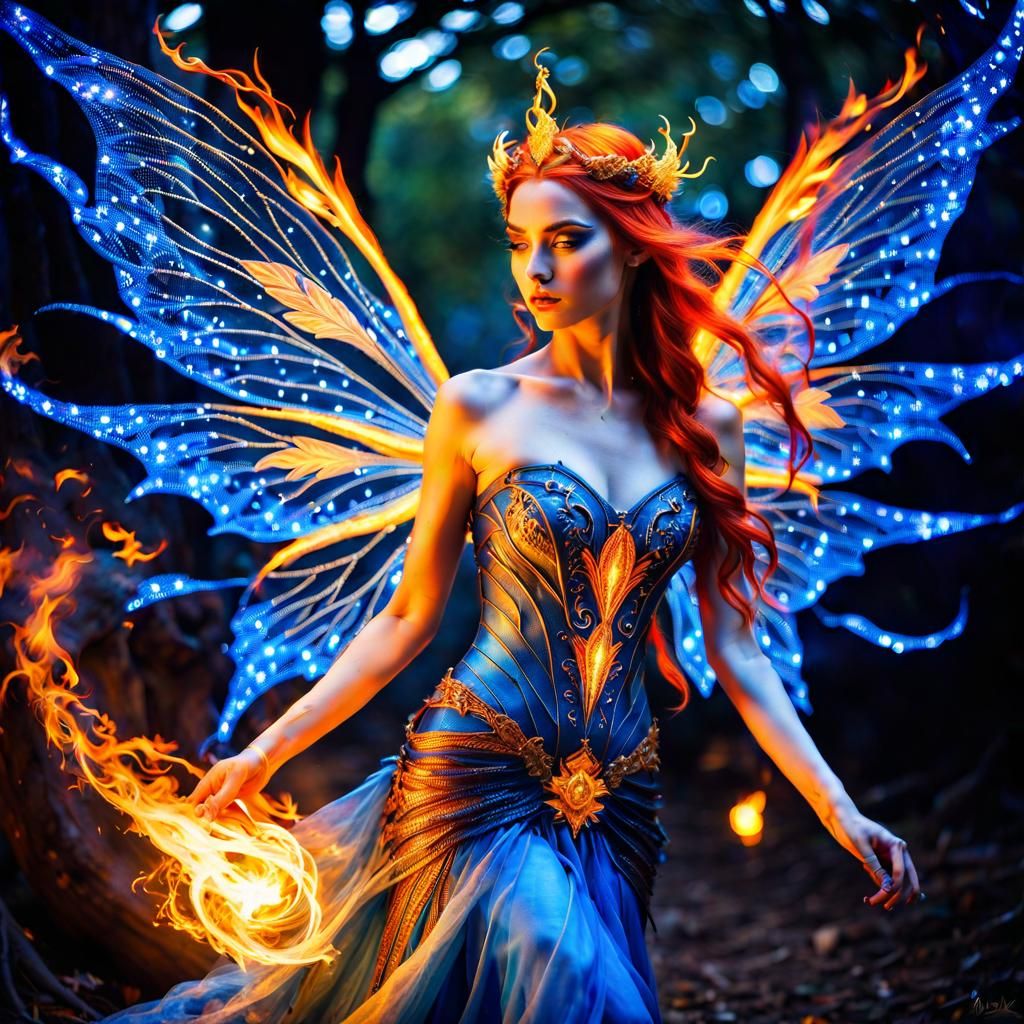 Mystical Fairy Casting Fire Spell in Watercolor Style