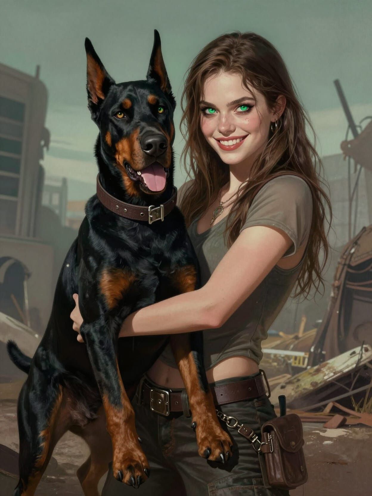 Post Apocalyptic Woman Holding Doberman by Collar