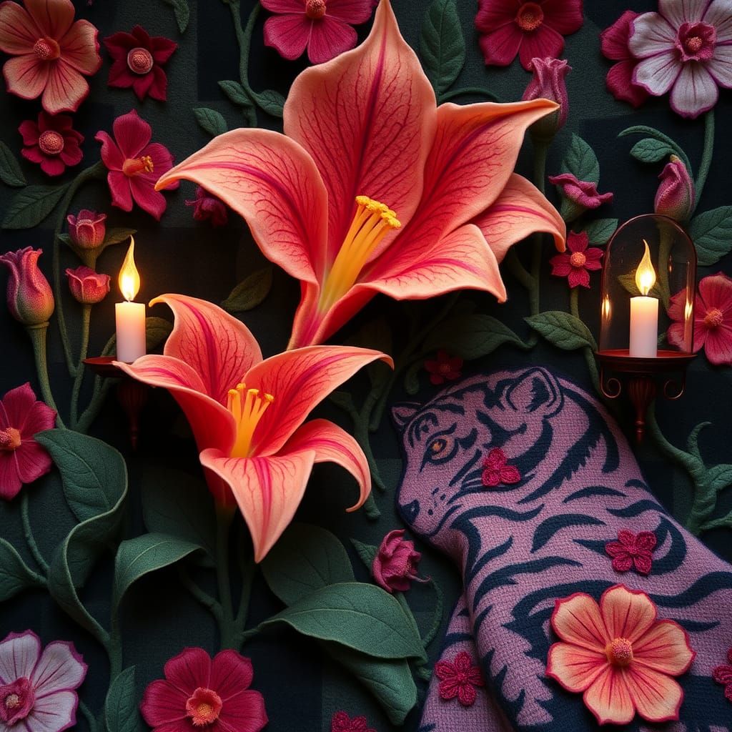 Surreal Steam-Nouveau Tiger Lily Doll in Patchwork Style