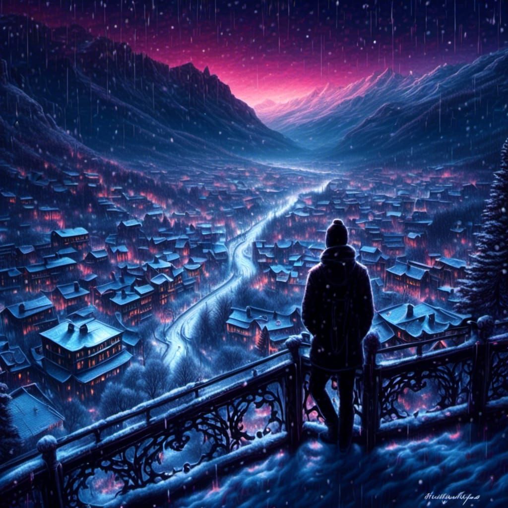 Snowy Balcony View in Blacklight Neon