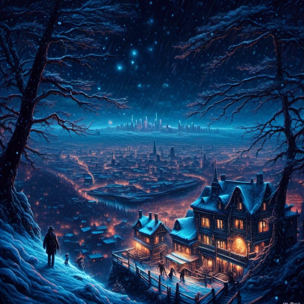 Snowy Balcony View in Blacklight Neon