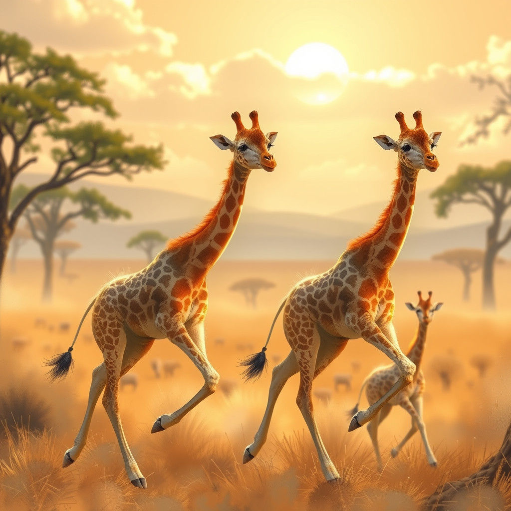Ethereal Giraffes in Golden Savannah: Dreamlike Digital Art