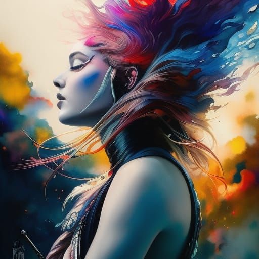 Rockstar Girl Drum Solo in Colorful Ink Flow