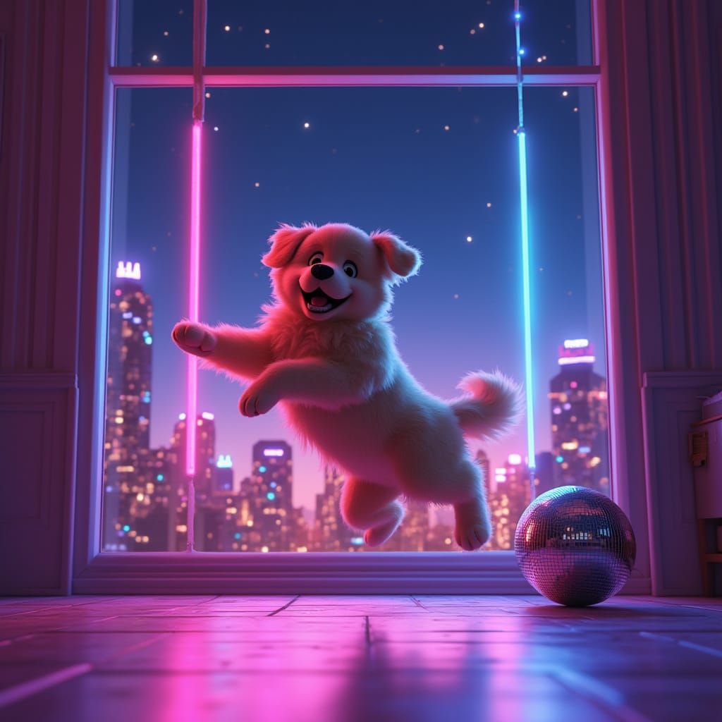 Golden Retriever Jumps by Disco Window