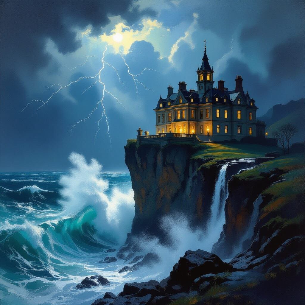 Grand Palace on Cliff Overlooking Stormy Sea