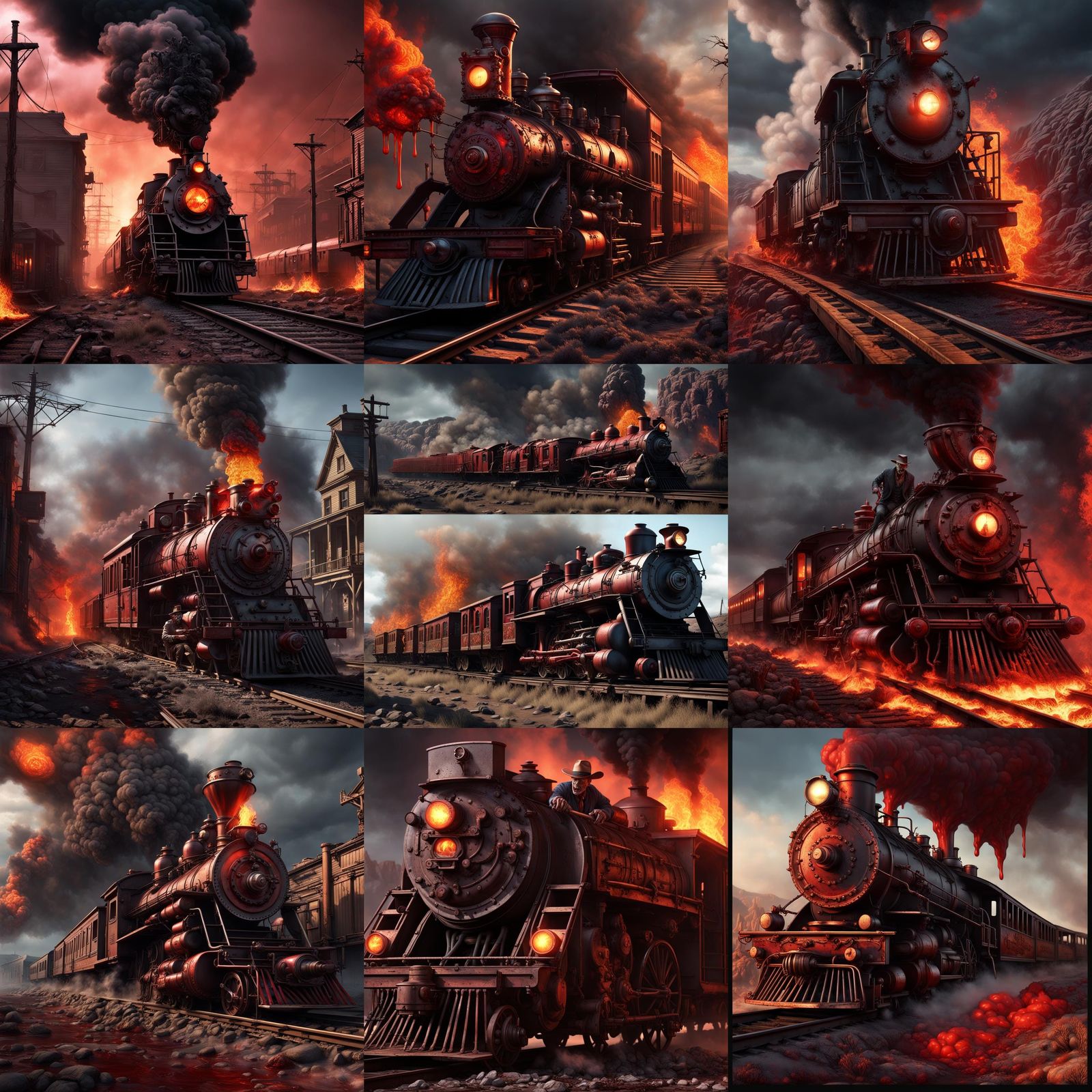 Melting Zombie Cowboy Train Robbery in Matte Painting Style