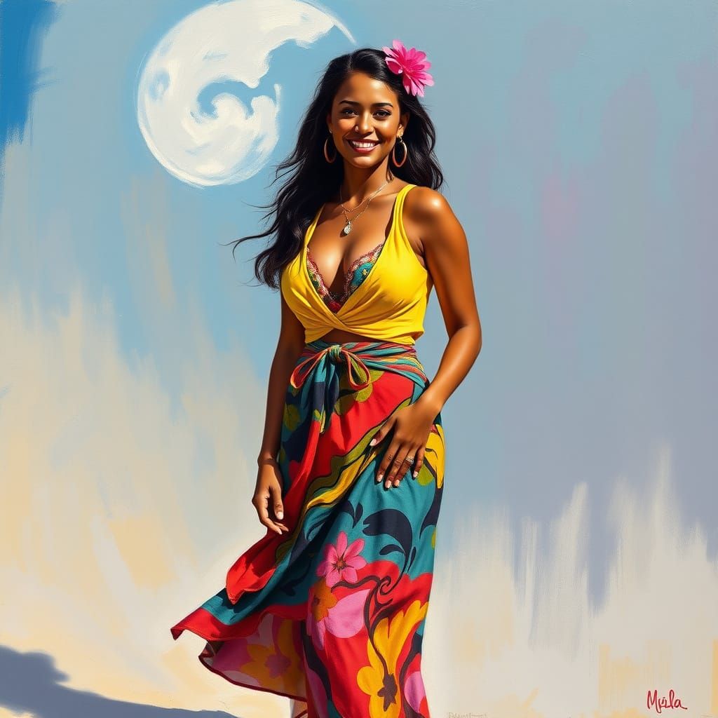 Sensual Tahitian Beauty in Vibrant Oil Painting