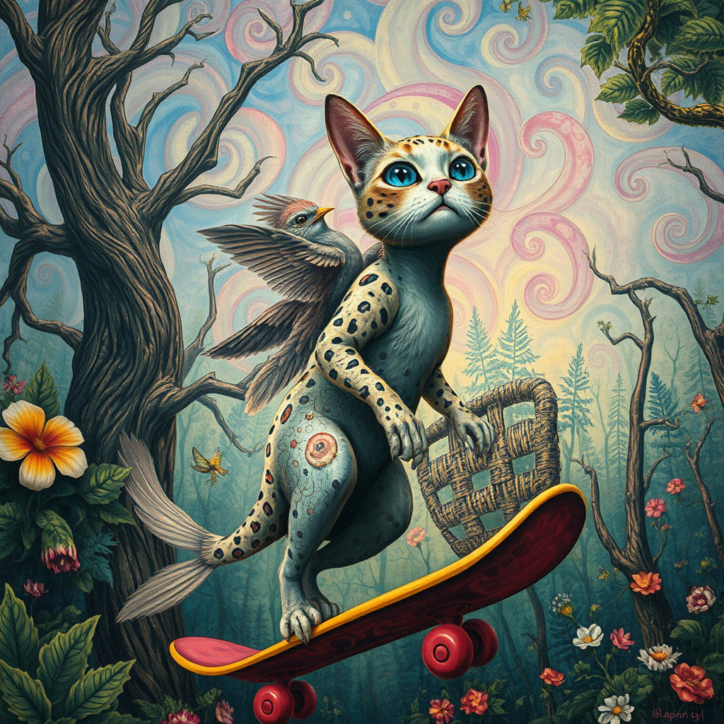 Dreamlike Woman-Cat in Surrealist Forest, Art Brut Style