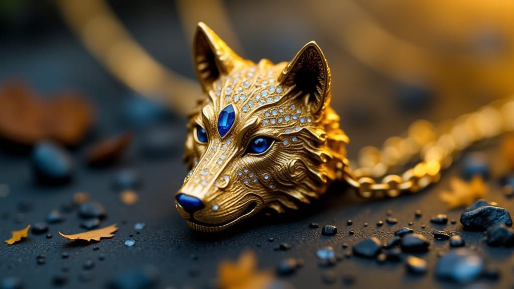 Ultra-Realistic Gold Wolf Necklace with Diamonds and Sapphir...