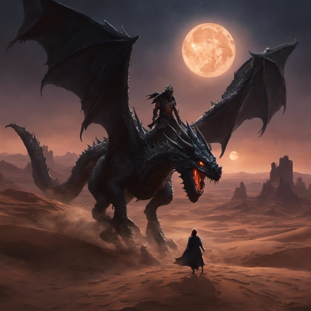 Sorcerer on Black Dragon in Desert Night