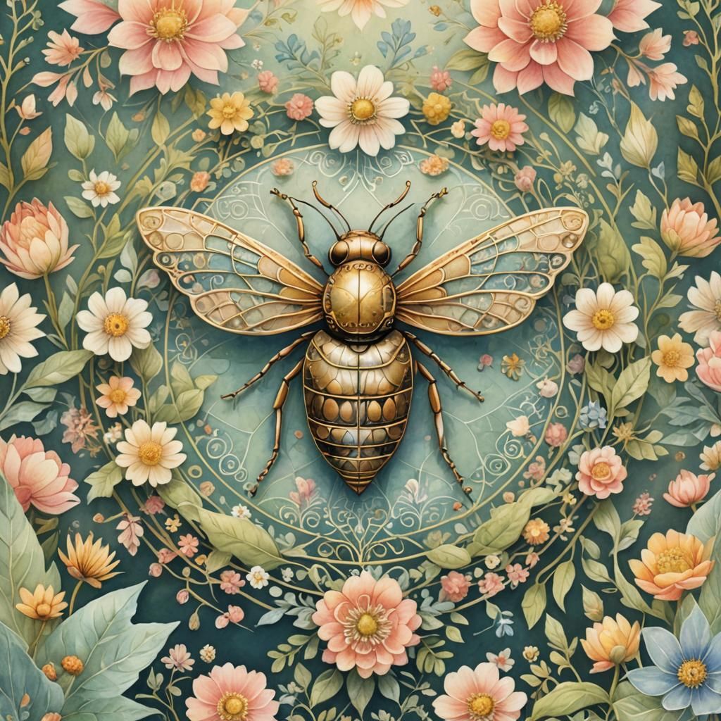 Delicate Bug in Floral Mandala Watercolor Illustration