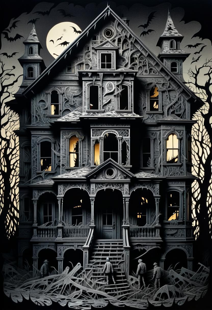 Creepy Abandoned House in Scherenschnitte Style
