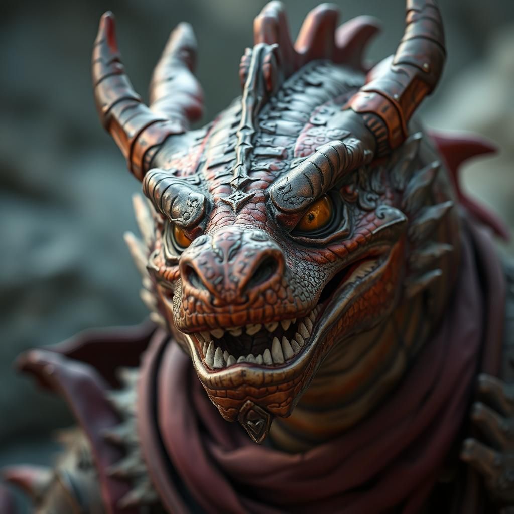 Smiling Copper Dragon Person, Scarred Warrior