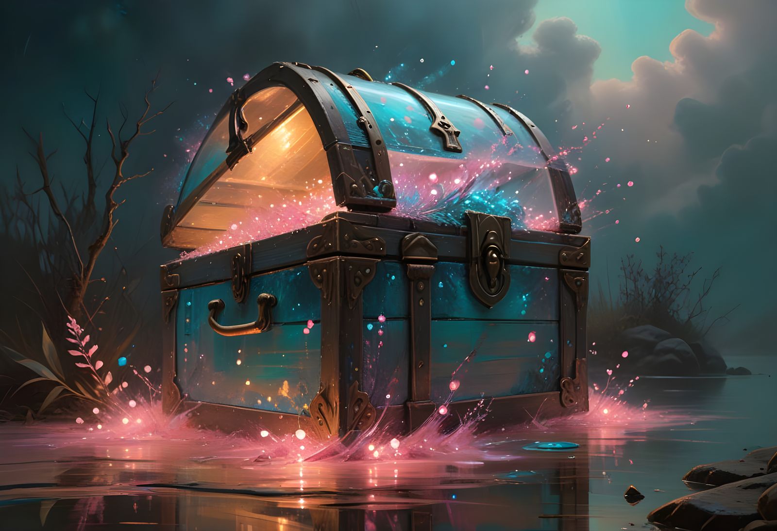 Bioluminescent Treasure Chest in Impasto Style