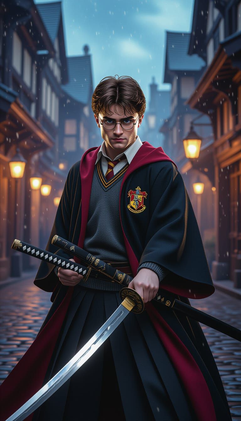 Harry Potter with Katana in Fantasy Concept Art Style