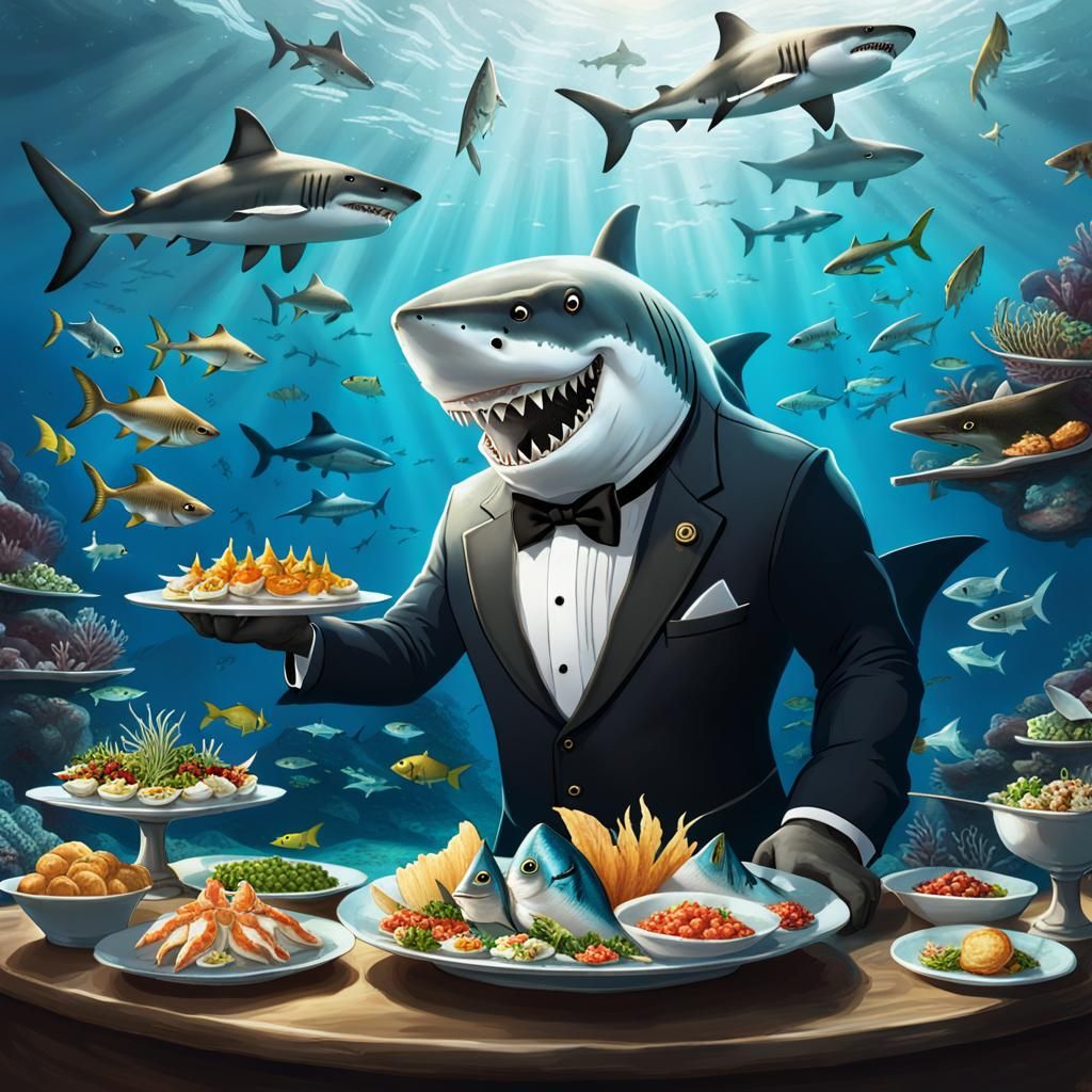 Anthropomorphic Shark Waiter Serves Reef Fish