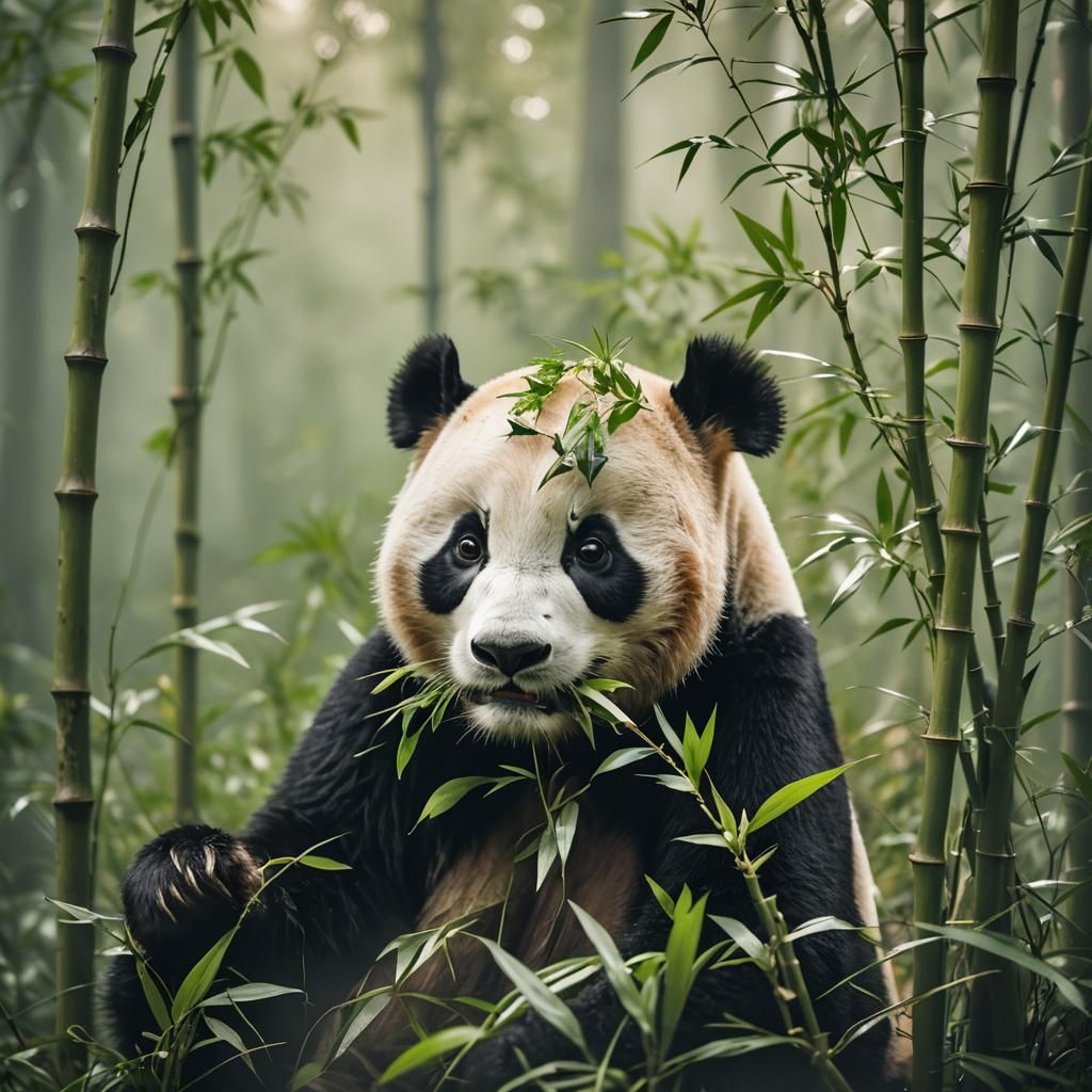Panda Eating Bamboo in Misty Forest