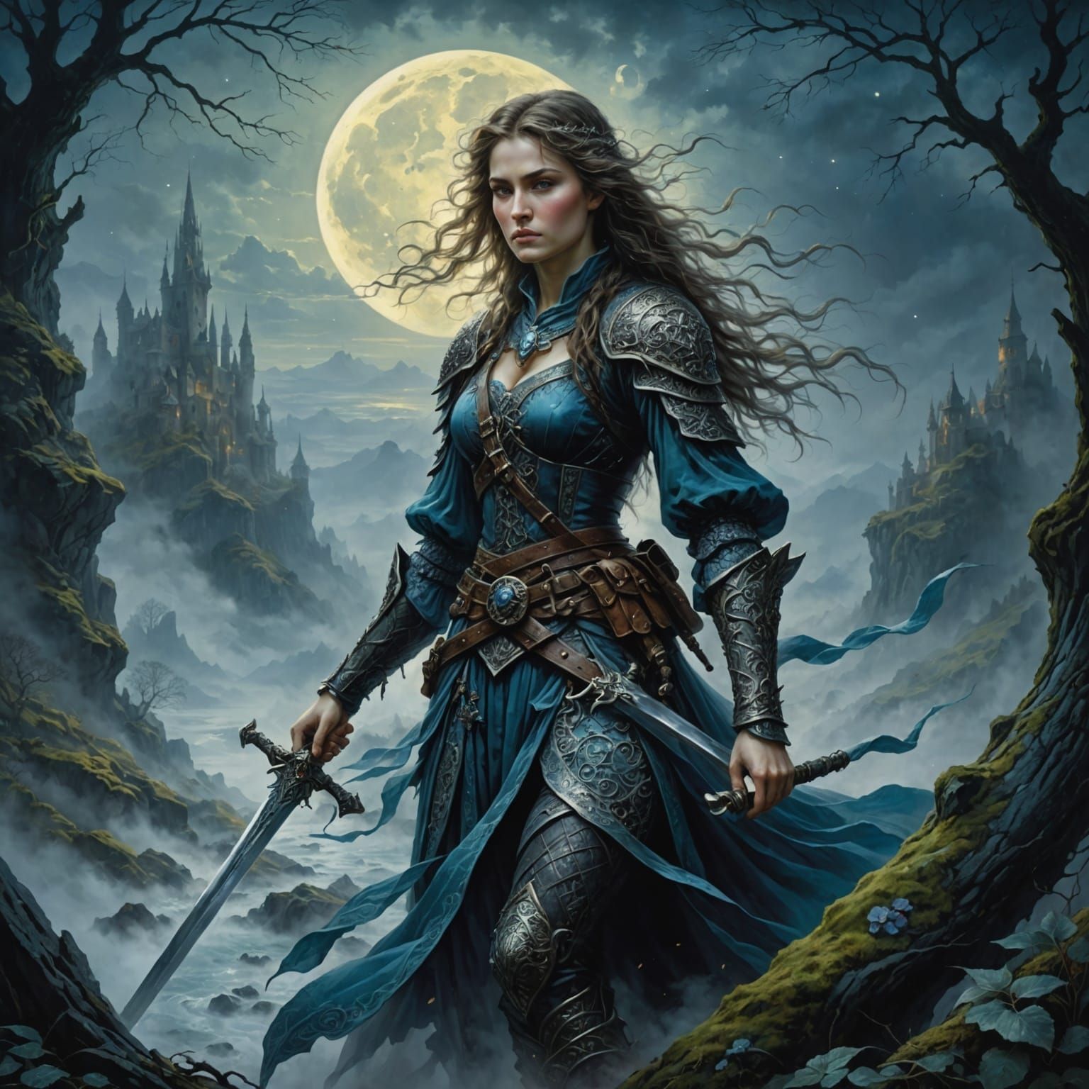 Swords Woman in Ethereal Moonlit Fog