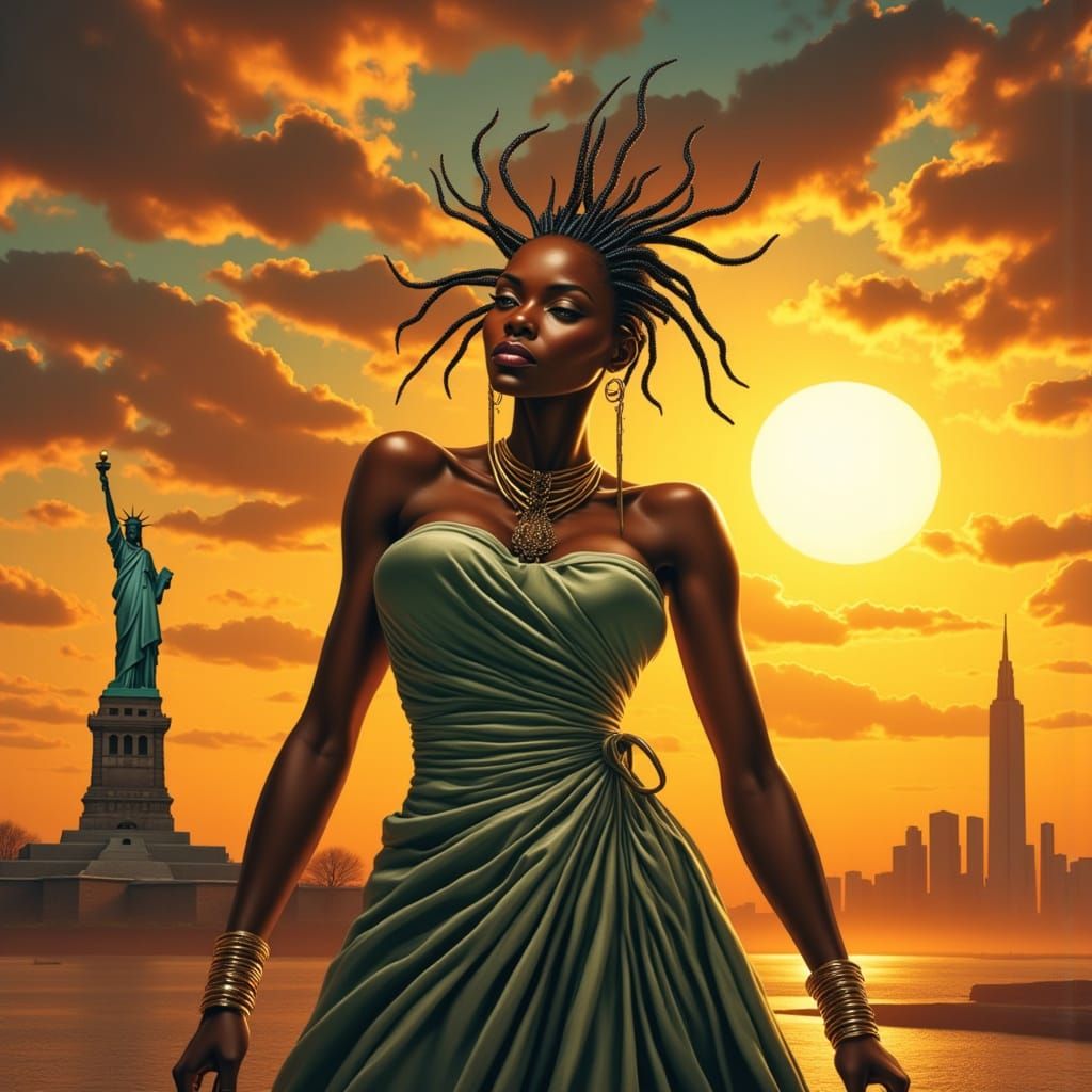 Afrofuturistic Woman at Sunset, Cinematic Style