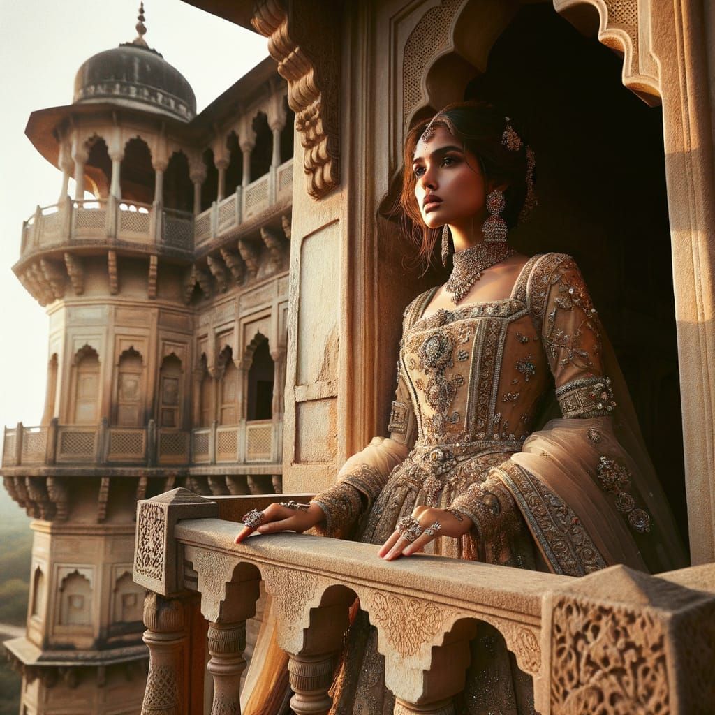 South Asian Princess Gazes From Medieval Tower Balcony