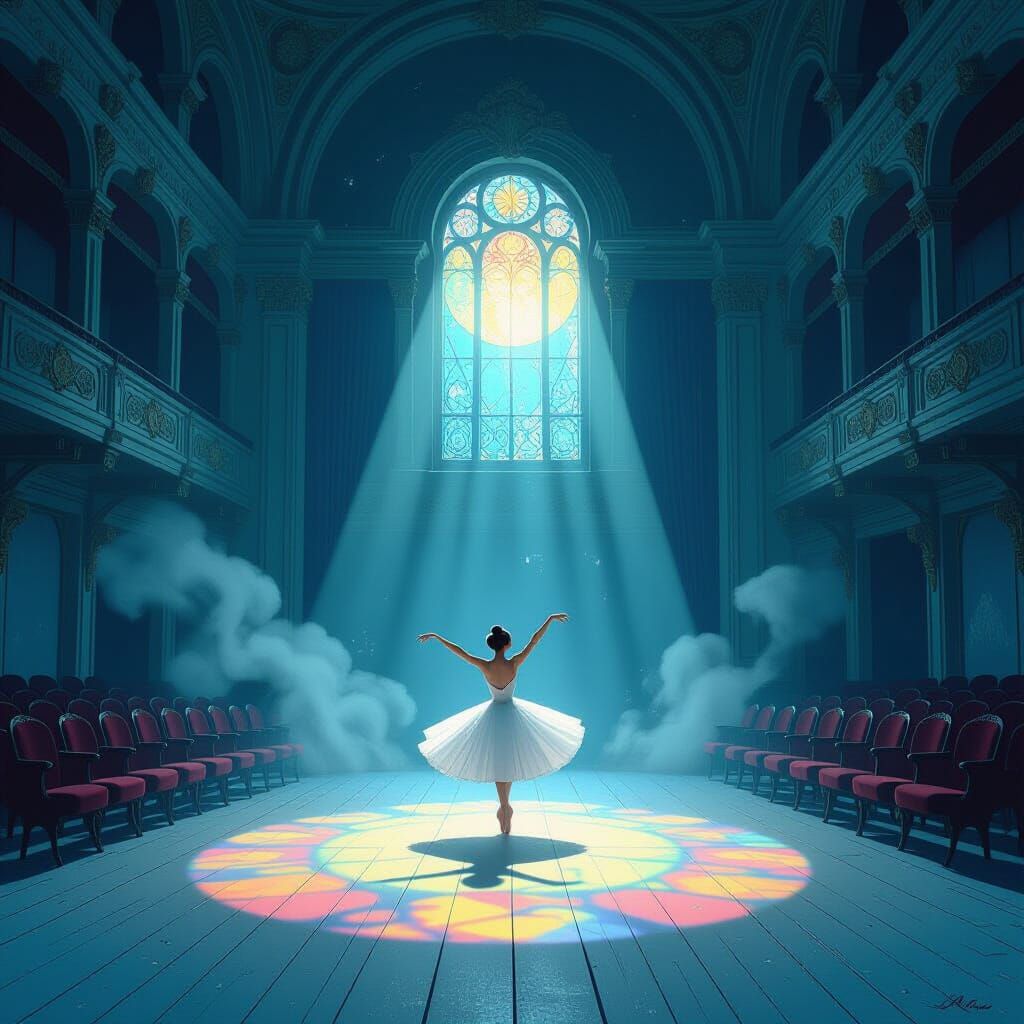 Ballerina on Misty Opera Stage in Ethereal Fantasy Art Style