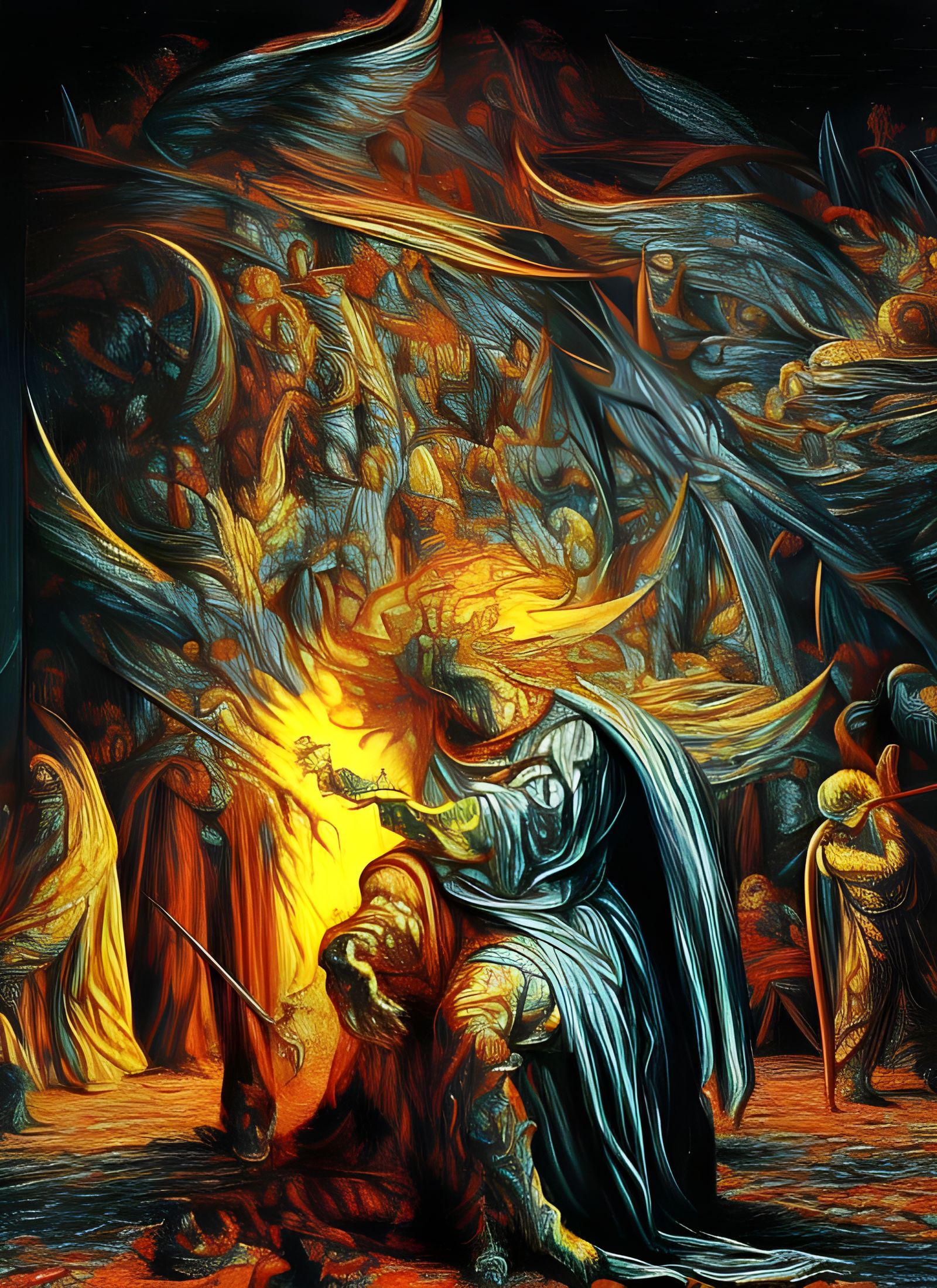 Fiery Knight in Hyperreal, Dramatic Painting