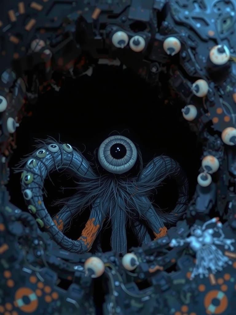 Creepy 5-year-old girl with straight stringy hair and oversi...