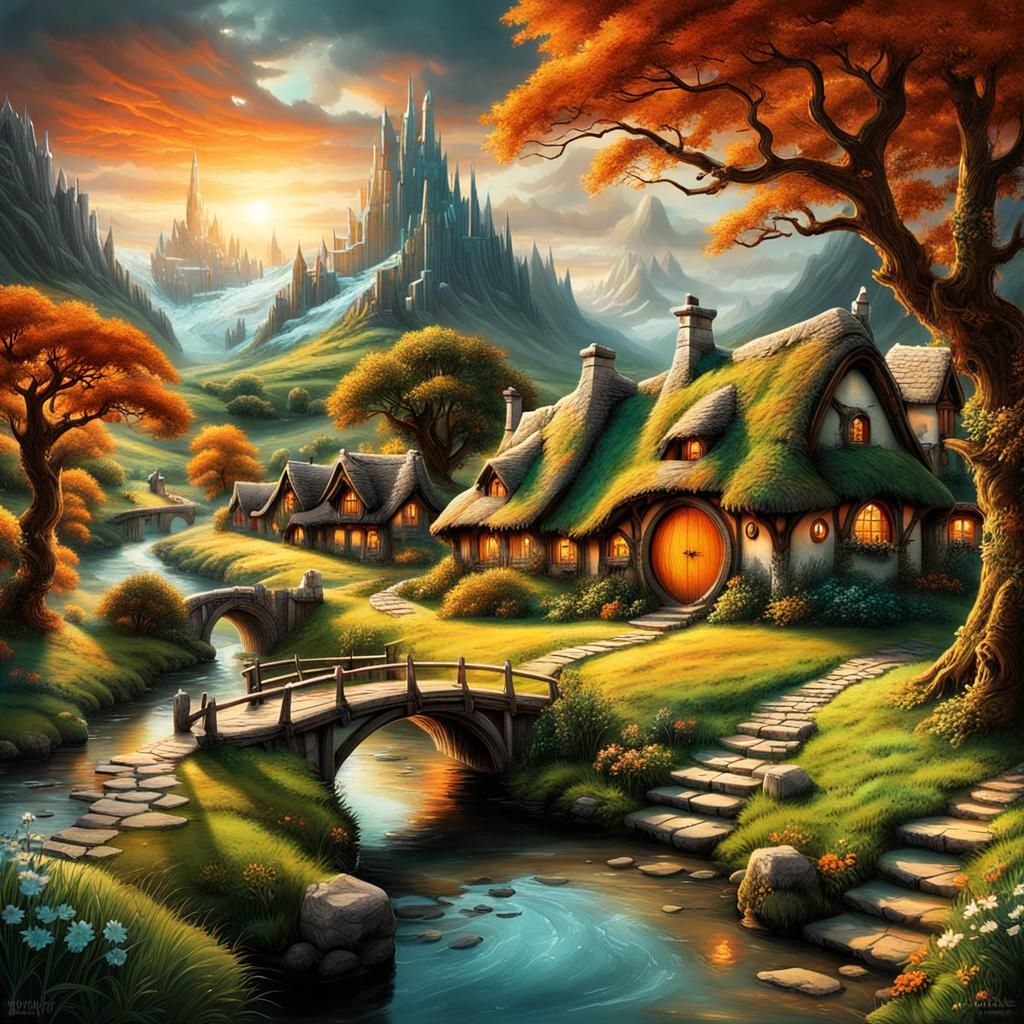 Hobbit Village Sunset: Matte Painting by Alan Lee