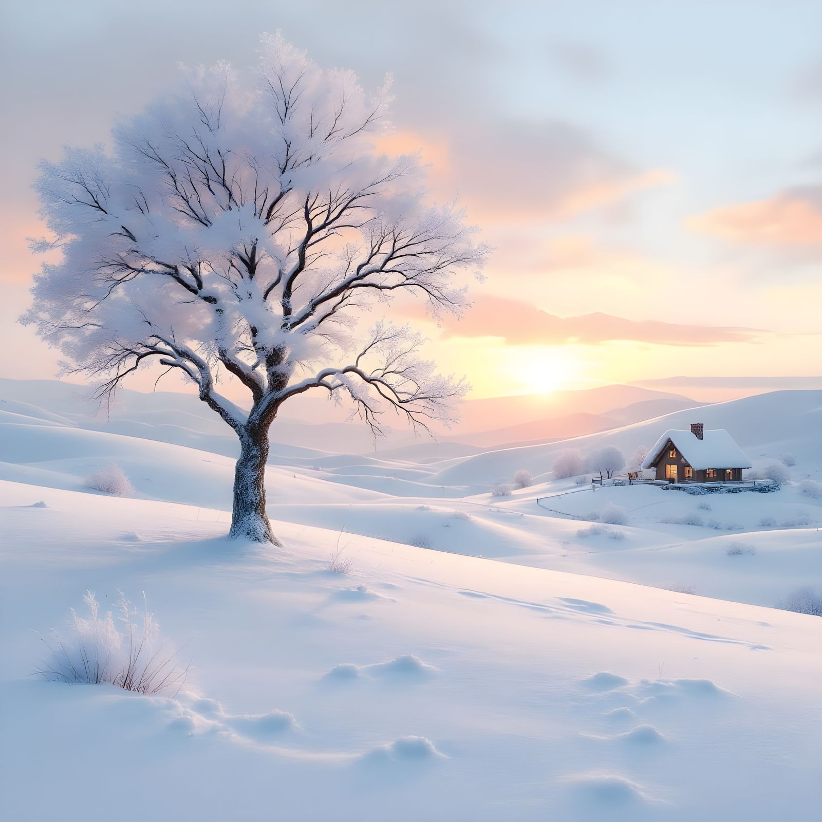 Tranquil Snowy Landscape at Sunrise in Pastel Colors