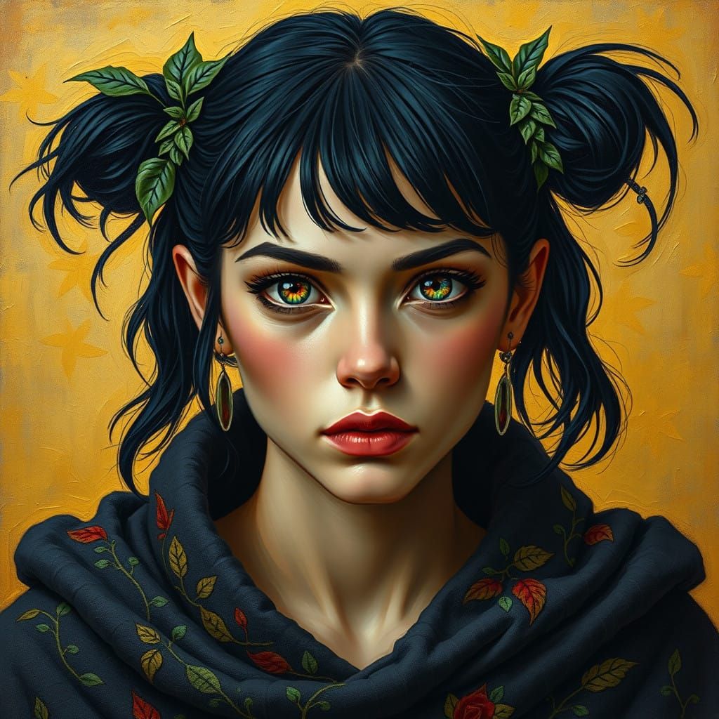 Neo-Impressionist Portrait of a Nature-Adorned Woman