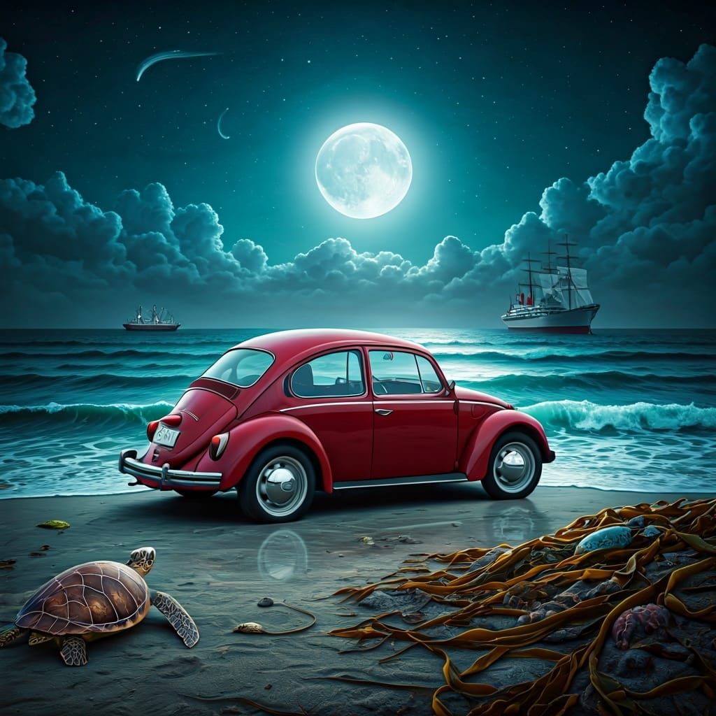 Moonlit Beach Scene with Red Beetle in Surrealist Style