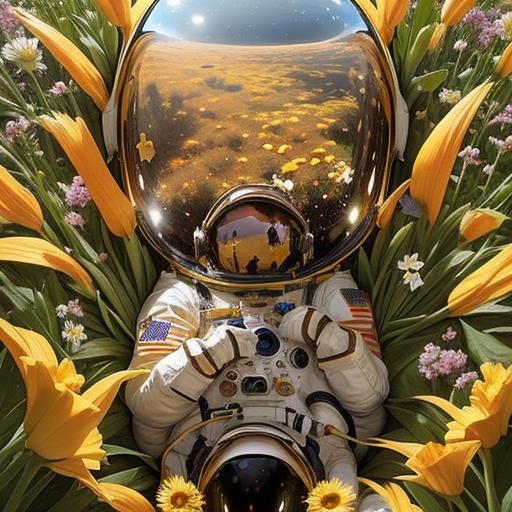 Astronaut in Flower Garden Reflecting the Universe