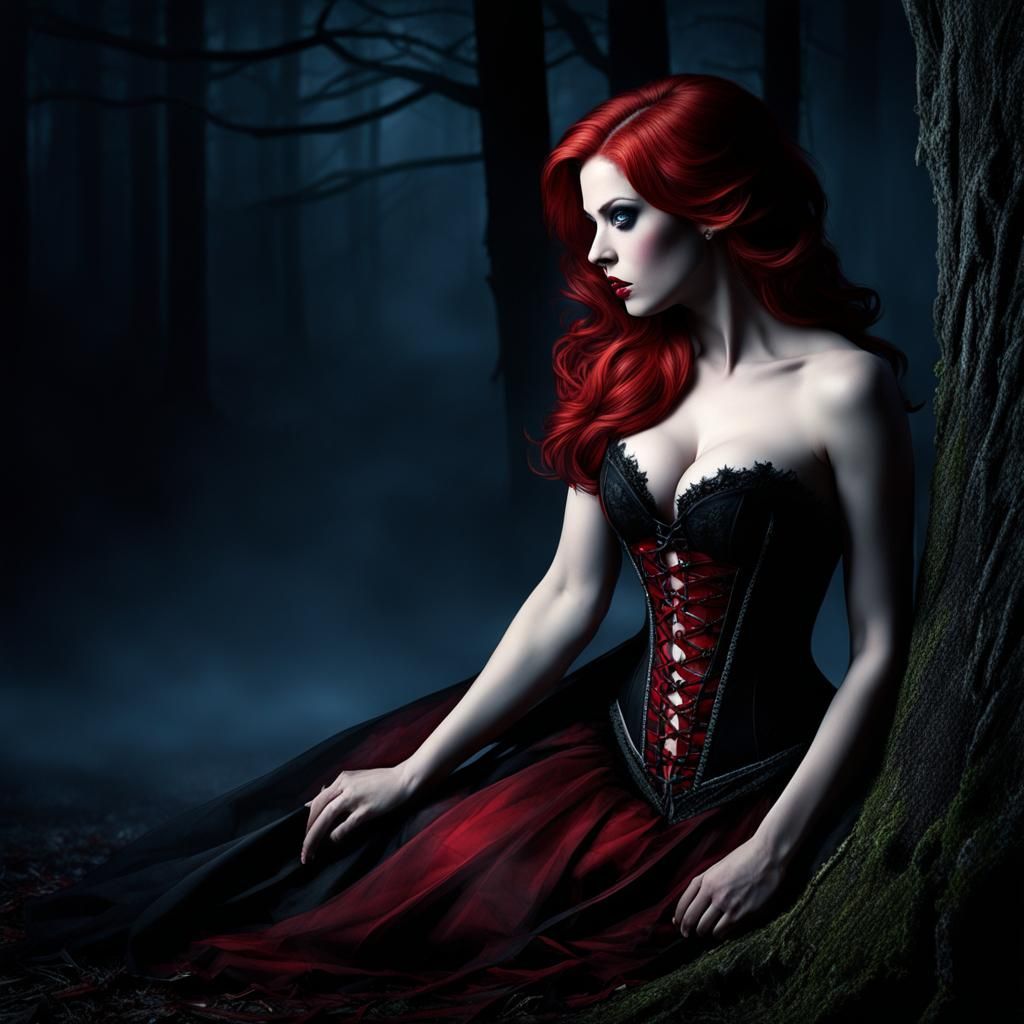 Redhead Vampire in Dark Forest, Photorealistic Gothic Art
