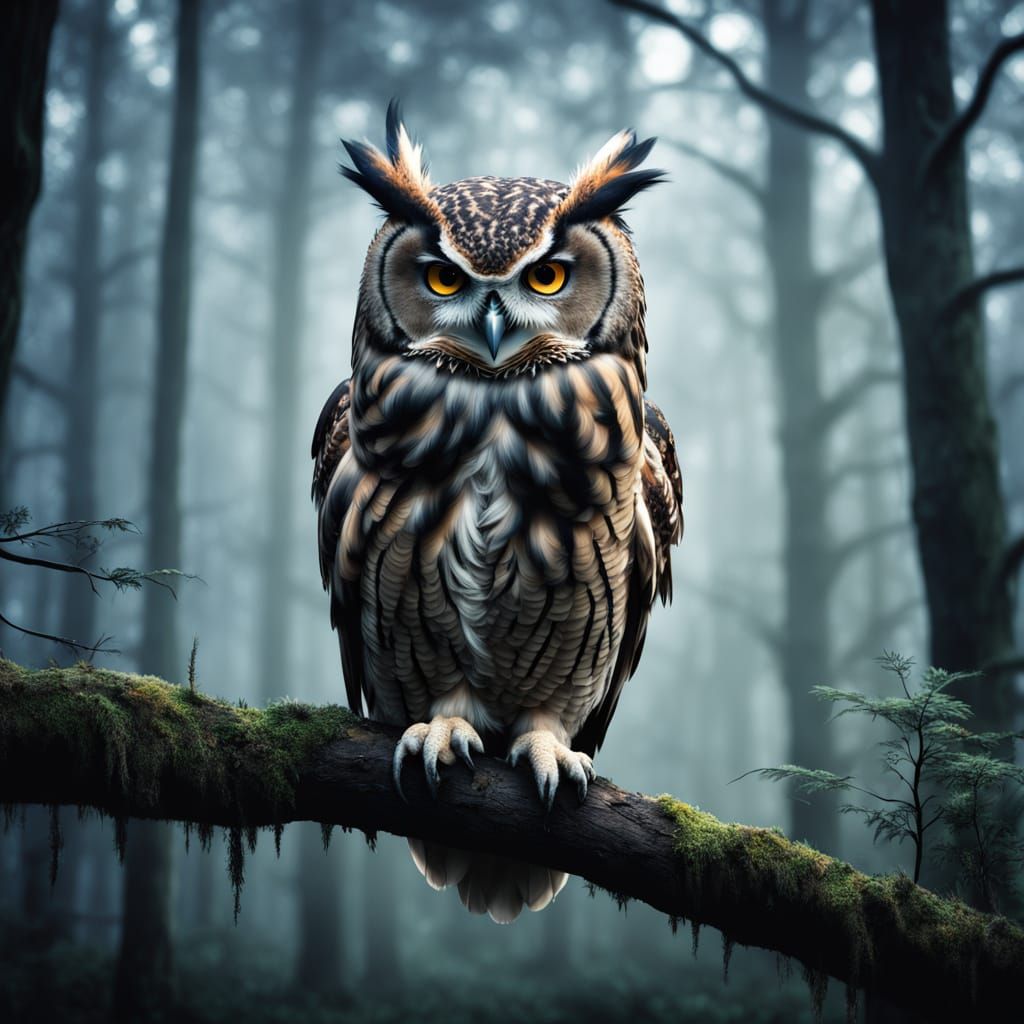 Hyperrealistic Owl Perched in a Dark Forest