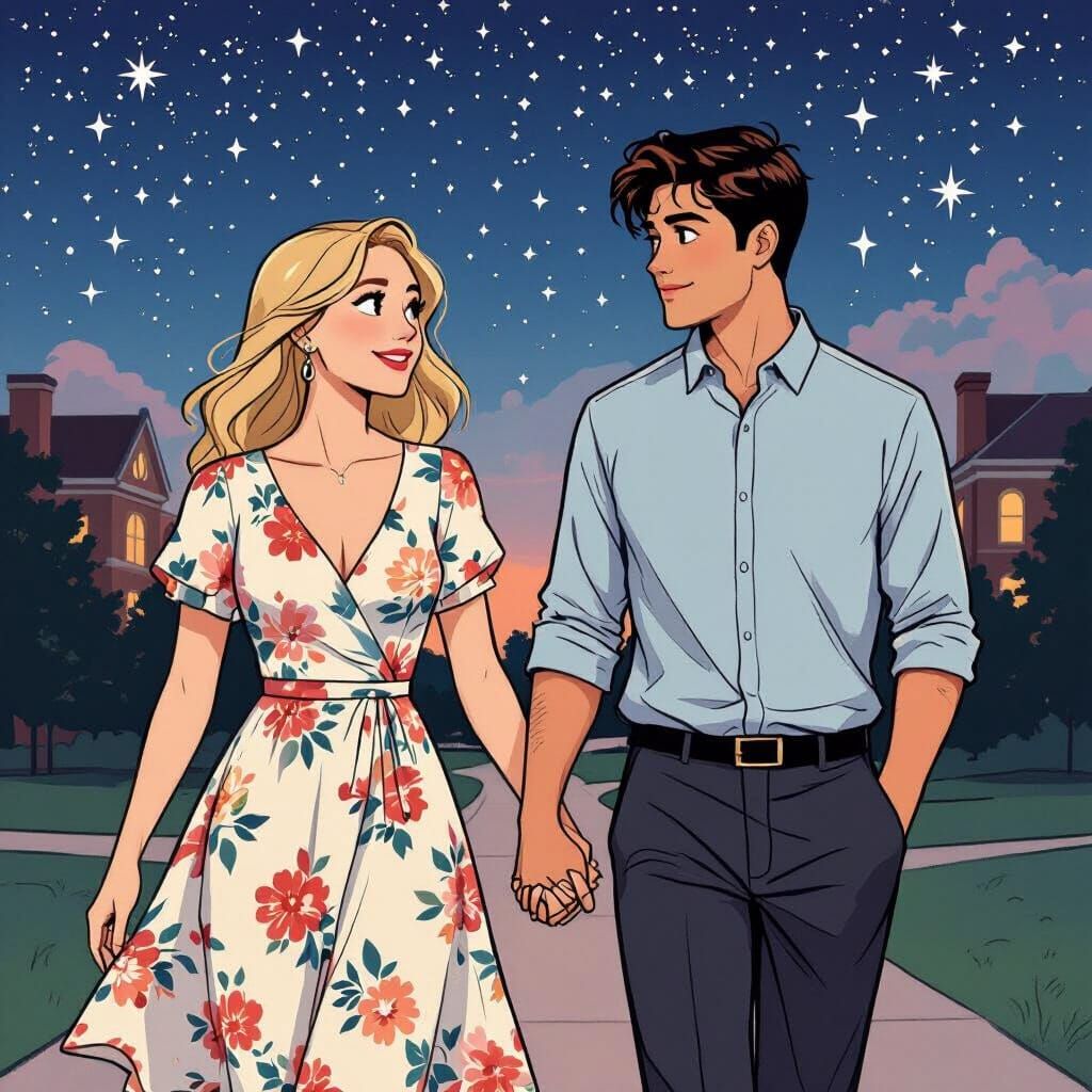 Couple Walking on Campus in Ligne Claire Style